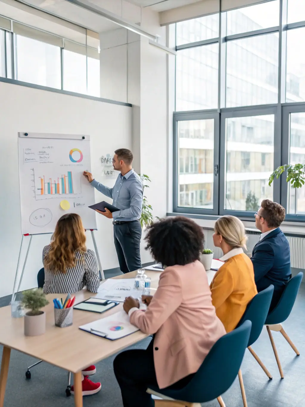 A professional Indian entrepreneur confidently presenting a growth strategy on a whiteboard during a coaching session, with modern office setting and diverse team in the background.