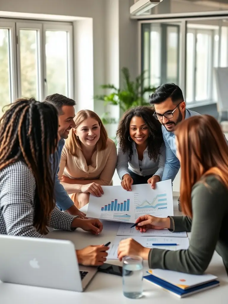 A diverse group of Indian entrepreneurs collaborating in a modern co-working space, brainstorming ideas and supporting each other.